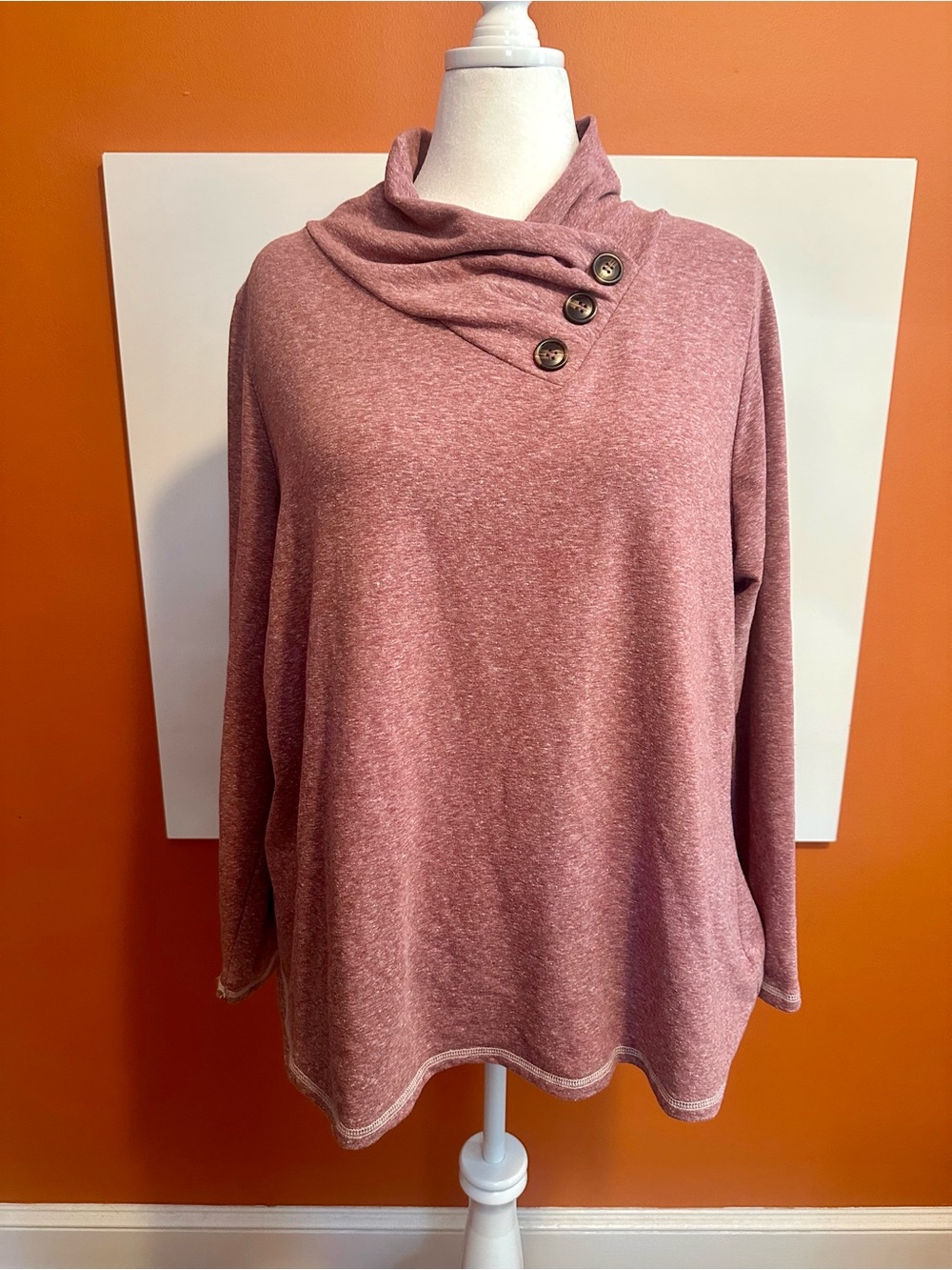Soft Surroundings Dusty Rose Heathered Button Cowl Neck Top 2X